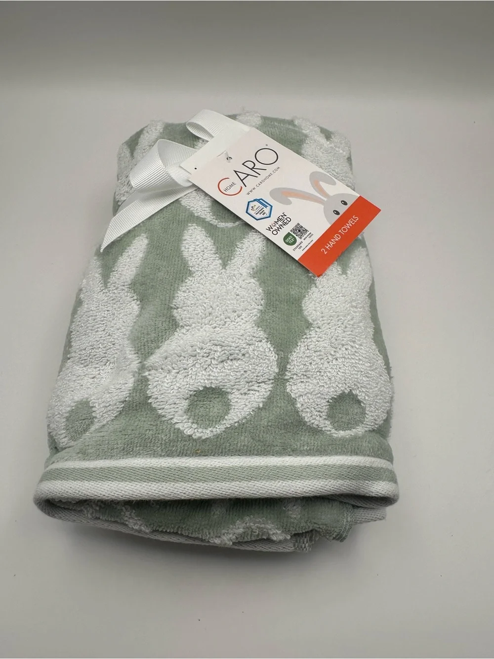Caro Bunny Hand Towels - Sage Green & White